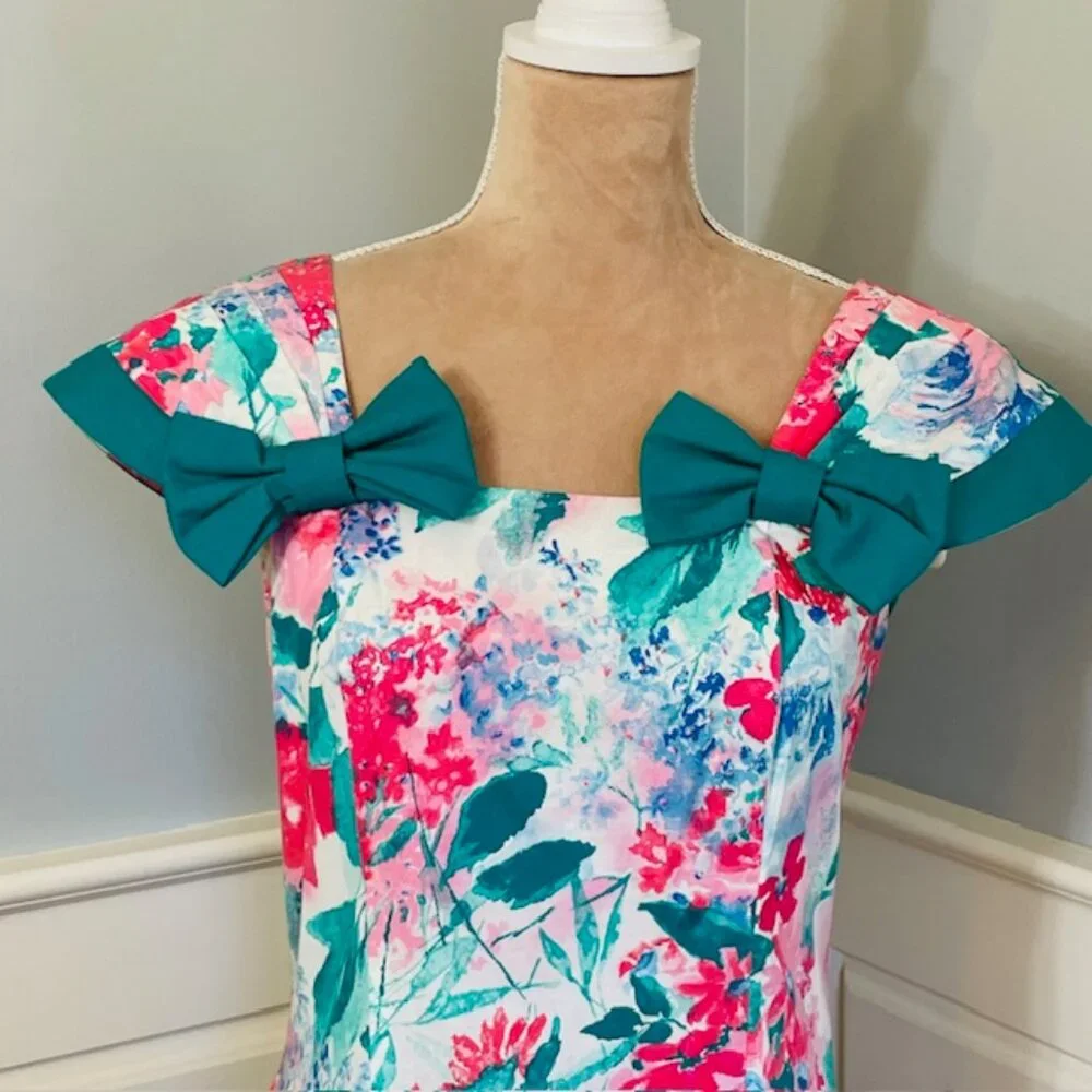 Vintage Leslie Lucks Petite Floral Cottagecore Dress Fit & Flare Bows 80's Small - Picture 2 of 8
